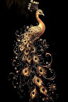 Majestic golden peacock with ornate feathers and swirling floral patterns on black background, glowing with magical luminescence and decorative sparkles.