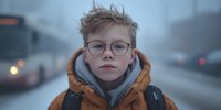 Young boy with glasses and tousled blonde hair wearing orange winter coat with hood, standing in foggy street with buses in background.