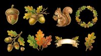 Autumn forest clipart set with acorns, oak leaves, squirrel, wreath, and ribbon banner, isolated on transparent background, ready for stickers, t-shirt design, and print on demand.