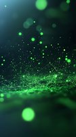 Abstract network of glowing green dots and lines creating a futuristic constellation effect against dark background with bokeh lights and particle effects.