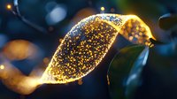 Glowing neuron cell with golden light particles and synaptic connections on dark background, illustrating neural network activity and brain function in medical science.