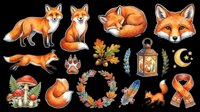 Cute fox clipart set isolated on transparent background, featuring autumn elements, mushrooms, lantern, wreath, and paw print, ready for stickers, t-shirts, and print on demand.