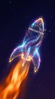 Glowing neon rocket with colorful particle effects and innovation text launches upward against dark starry background, symbolizing growth and technological advancement.