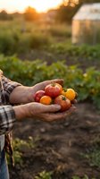 Senior farmer holding fresh harvested tomatoes in cupped hands at sunset in organic vegetable garden with greenhouse background for healthy eating concepts.