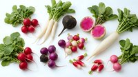Fresh colorful radishes with green leaves arranged on white background. Organic root vegetables including red, purple, white and watermelon radishes for healthy cooking.
