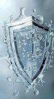 Metallic shield surrounded by water drops and splashes on light background, concept of protection and security for business presentations and insurance designs.