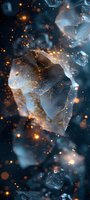 Glowing crystal fragments with golden light particles against dark background, mystical mineral texture with luminous bokeh effects and ethereal atmosphere.