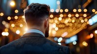 Professional businessman in suit viewing illuminated city lights at night, corporate success and urban lifestyle concept for business presentations.