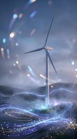 Wind turbine glowing with flowing neon light waves on misty hills, symbolizing clean renewable energy and sustainable technology.