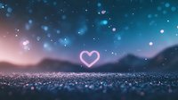 Glowing heart shape floating over sparkly surface against dreamy night sky with bokeh lights and mountain silhouettes in pink and blue tones.