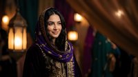 Young Middle Eastern woman in traditional embroidered dress and purple headscarf smiling warmly in atmospheric candlelit interior with ornate lanterns.