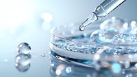 Clear liquid drops falling from glass pipette into petri dish with pure water creating ripple effect against blue scientific background with bokeh lights.