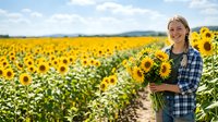 Young Caucasian woman in blue plaid shirt holding sunflower bouquet in vast blooming field during summer harvest season for agricultural and lifestyle content.