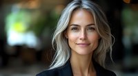 Professional blonde woman with gentle smile wearing black blazer against blurred background, natural makeup and wavy hair for business and lifestyle content.