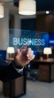 Businessman hand touching holographic business interface with digital network connections in modern office environment for corporate technology solutions.