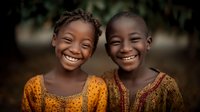 Two happy African children smiling joyfully in traditional colorful clothing outdoors. Young boy and girl with bright expressions for family concepts.