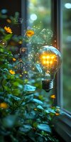 Glowing lightbulb with magical line art icons floating among yellow flowers and green leaves, creating ethereal atmosphere with bokeh light effects and sparkles.