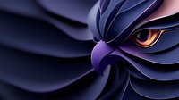 Mysterious glowing eye with dark purple and blue feathers creating dramatic shadows and depth against black background. Suitable for fantasy art projects.