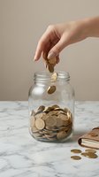 Hand dropping golden coins into glass jar on marble surface for savings and financial planning concepts.