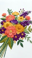 Embroidered floral bouquet featuring coral gerberas, yellow sunflowers, purple flowers and green foliage on white background. Isolated needlework design for textile, craft and decorative projects.