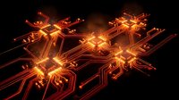 Glowing orange circuit board network with bright connection nodes and electronic pathways on dark background for technology designs.