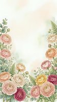 Watercolor ranunculus flowers frame with soft pastel colors and eucalyptus leaves on light background for wedding invitations and greeting cards.