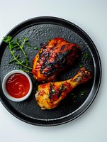 Grilled chicken legs with crispy charred skin and spicy marinade served on black plate with red sauce and fresh herbs. Food photography for restaurant menu.