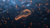 Digital glowing key symbol on circuit board with orange light particles, representing cybersecurity and data protection in technology background.