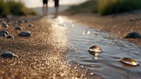 Golden sunset light illuminates wet sand with water droplets as silhouetted figures walk along peaceful beach shoreline during romantic evening stroll.