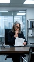 Mature woman with gray hair and glasses wearing black blazer reviewing document at desk in modern office with city view and filing cabinets.