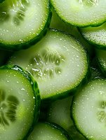 Fresh cucumber slices with water drops in macro view showing juicy translucent texture and natural green color. Great for healthy eating and food concepts.
