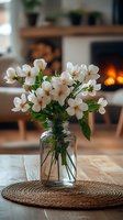 White jasmine flowers in glass jar on wooden table with cozy fireplace in background, creating warm home atmosphere.