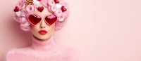 Young woman with pink hair curlers wearing heart shaped sunglasses and turtleneck sweater against pink background. Romantic retro style fashion portrait.