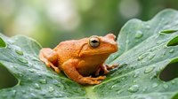 Small orange tree frog sitting on wet green leaf with water droplets in natural rainforest environment for wildlife and nature projects.