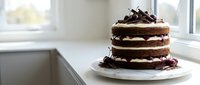 Decadent chocolate layer cake with cream filling and chocolate shavings on white plate by kitchen window. Rich dessert for celebrations and bakery displays.