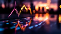 Glowing stock market chart with pink and orange candlesticks on digital display showing financial data analysis and trading statistics in dark background.