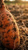 Fresh organic carrot with soil and roots just harvested from garden bed at sunset showcasing sustainable farming and healthy eating lifestyle.