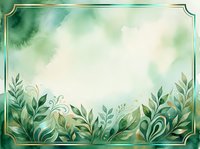 Watercolor botanical frame with green foliage, gold border, and cream background. Isolated design element suitable for invitations, cards, and decorative projects.