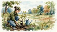 Young Caucasian woman in casual clothes planting a tree sapling outdoors in a lush green meadow, watercolor style illustration.