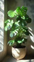 Monstera deliciosa plant with large green split leaves in ceramic pot by window, dramatic natural sunlight casting shadows through venetian blinds on wall.