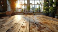 Rustic wooden table surface with natural sunlight streaming through window, green plants in background creating warm, cozy atmosphere for food photography and product display.