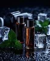 Luxury fragrance bottles with fresh mint leaves and ice cubes on dark wet surface. Dramatic lighting highlights amber liquid in glass containers for premium cosmetics.