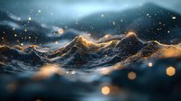Abstract dark waves with golden glowing particles and bokeh lights creating magical underwater or mountain landscape effect in blue tones. Artistic macro photography.