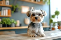 Adorable Yorkshire Terrier puppy sitting on wooden table in cozy home interior with bookshelves and plants. Small dog with cute expression and groomed coat.