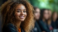 Young African American woman with natural curly hair smiling confidently at camera, wearing black sweater and orange top against blurred background. Professional portrait.