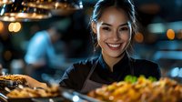Young Asian female chef smiling in professional kitchen holding gourmet dish. Restaurant culinary expert presenting delicious meal with warm lighting and bokeh background.
