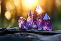 Purple amethyst crystal cluster on natural stone surface with warm golden sunlight and bokeh background for healing meditation and spiritual wellness.