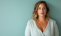 Young Caucasian woman with wavy blonde hair wearing white wrap top against teal background, looking directly at camera with confident expression.