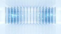 Transparent glass panels arranged in a row displaying cloud sky reflections, isolated on white background for design and architectural visualization projects.