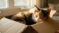 Adorable calico cat relaxing in sunny cardboard box by window, domestic pet enjoying warm natural light in cozy home interior for moving day concepts.
